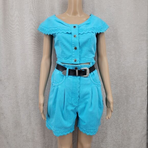 Paris Sport Club Vintage Denim Turquoise  Crop Top and High Waisted Shorts Set - Picture 5 of 16